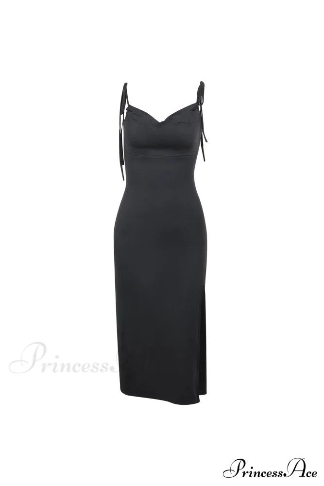 Cowl Neck Tie-straps Dress With Slit