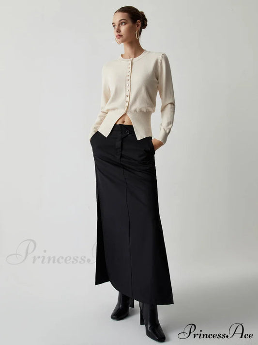 Cream Button Graceful Down Curved Cardigan