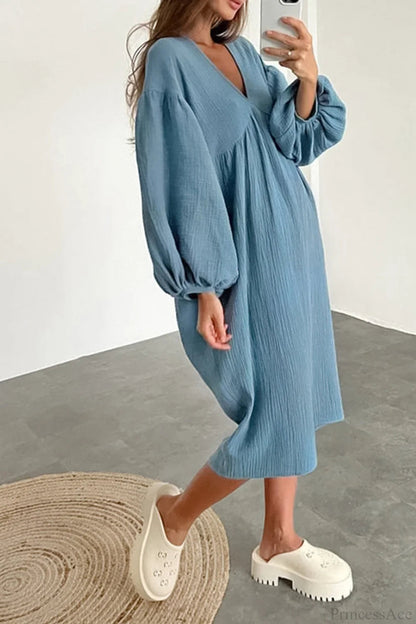 Crepe V Neck Puff Sleeve Loose Dress