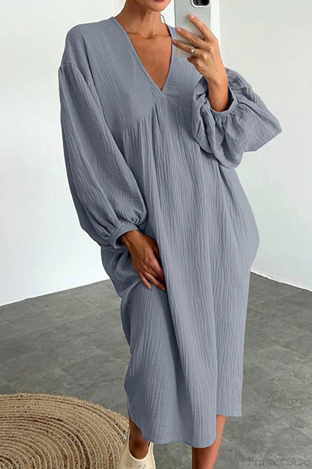 Crepe V Neck Puff Sleeve Loose Dress