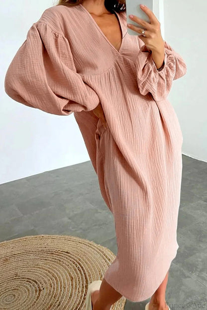 Crepe V Neck Puff Sleeve Loose Dress