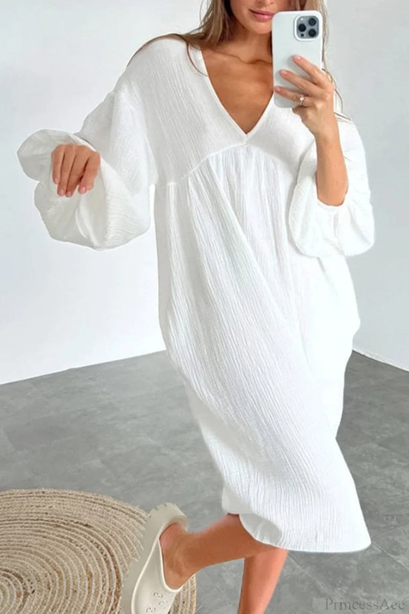 Crepe V Neck Puff Sleeve Loose Dress