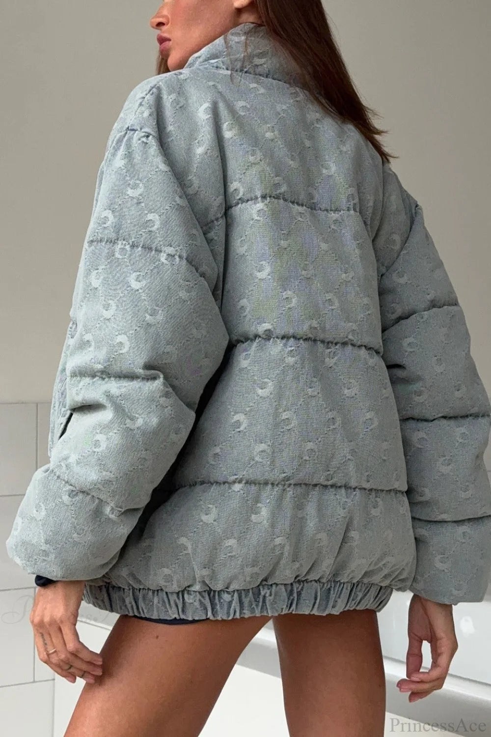 Crescent Print Allover Jacquard Relaxed Stand Collar Coat