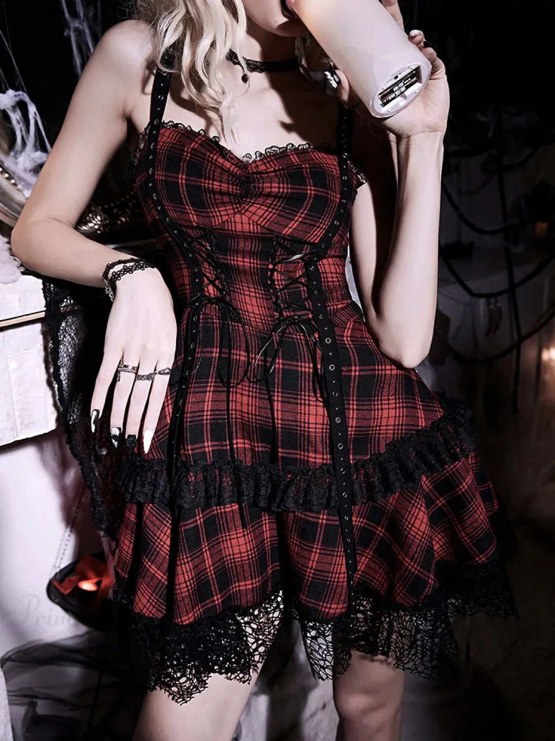 Crimson Tartan Halter Short Dress