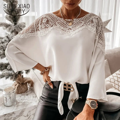 Crochet Embroidery Lace White Shirt Blouse