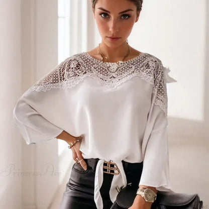 Crochet Embroidery Lace White Shirt Blouse