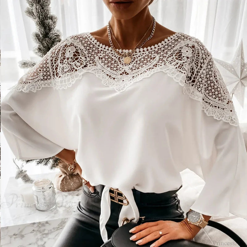 Crochet Embroidery Lace White Shirt Blouse