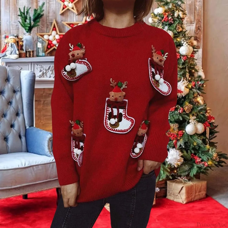 Elk 3d Decoration Round Neck Long Sleeve Knit Pullover Christmas Sweater