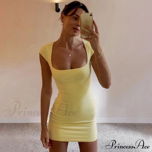Cutout Back Short Sleeve Square Classic Neck Bodycon Mini Dress - Black