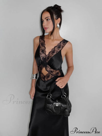 Cutout Lace Trim Stain Long Dress