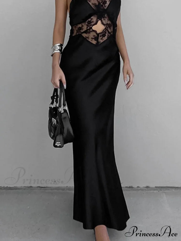 Cutout Lace Trim Stain Long Dress