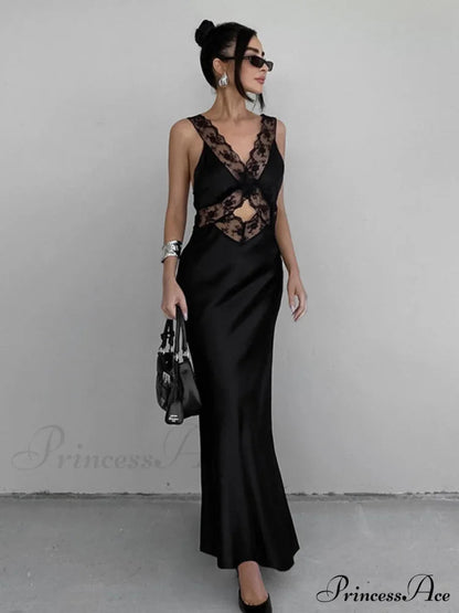 Cutout Lace Trim Stain Long Dress