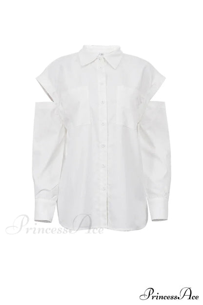 Cutout Long Tops Blouse White With Sleeves