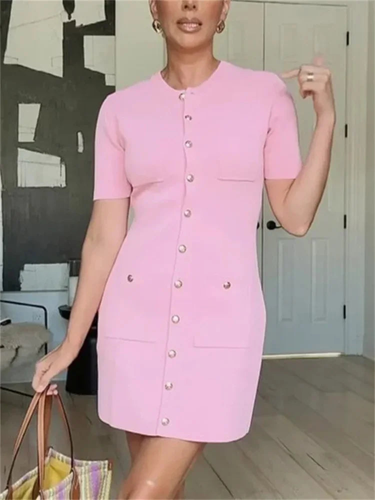 Pocket Knit Female Mini Dress Autumn Ribbed High Waist Patchwork Party Dress Knitwear Cardigan Dress