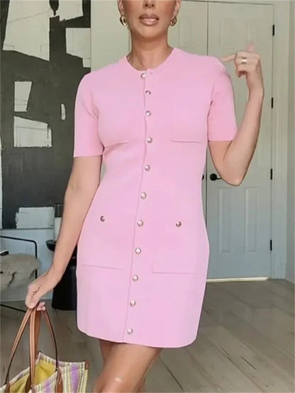 Pocket Knit Female Mini Dress Autumn Ribbed High Waist Patchwork Party Dress Knitwear Cardigan Dress