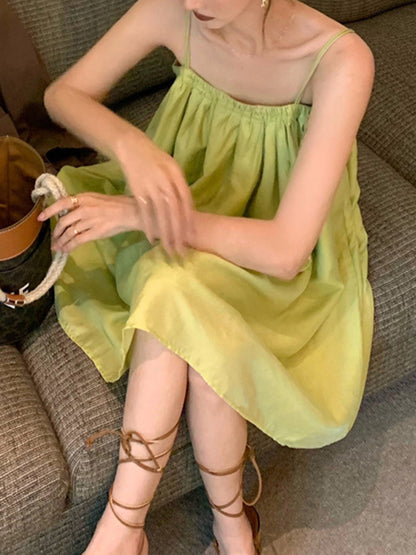 Loose Sleeveless Pleated Color Spaghetti-neck Mini Dresses Slip Dress
