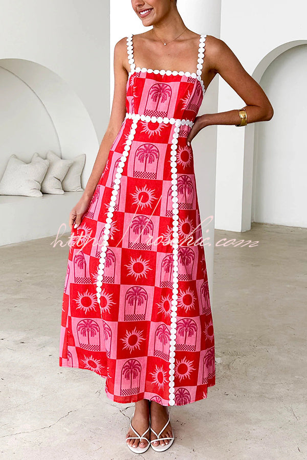 Holiday Style Unique Print Sling Open Back Lace Up Maxi Dress