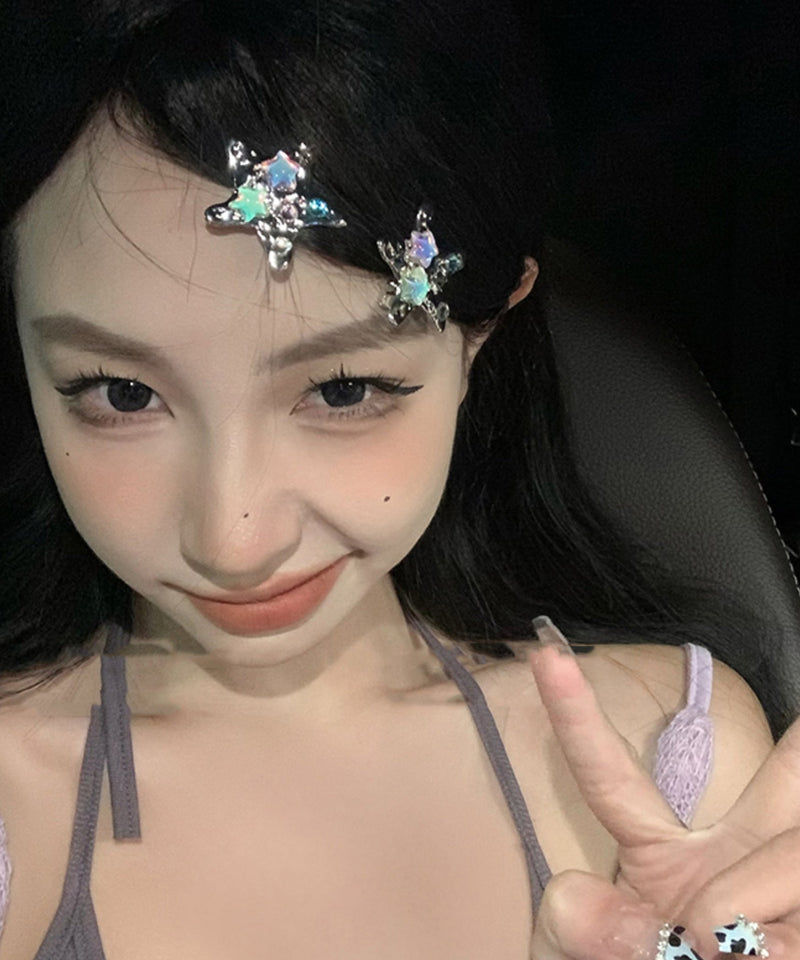 Rainbow Metal Alloy Crystal Star a Pair Hairpin