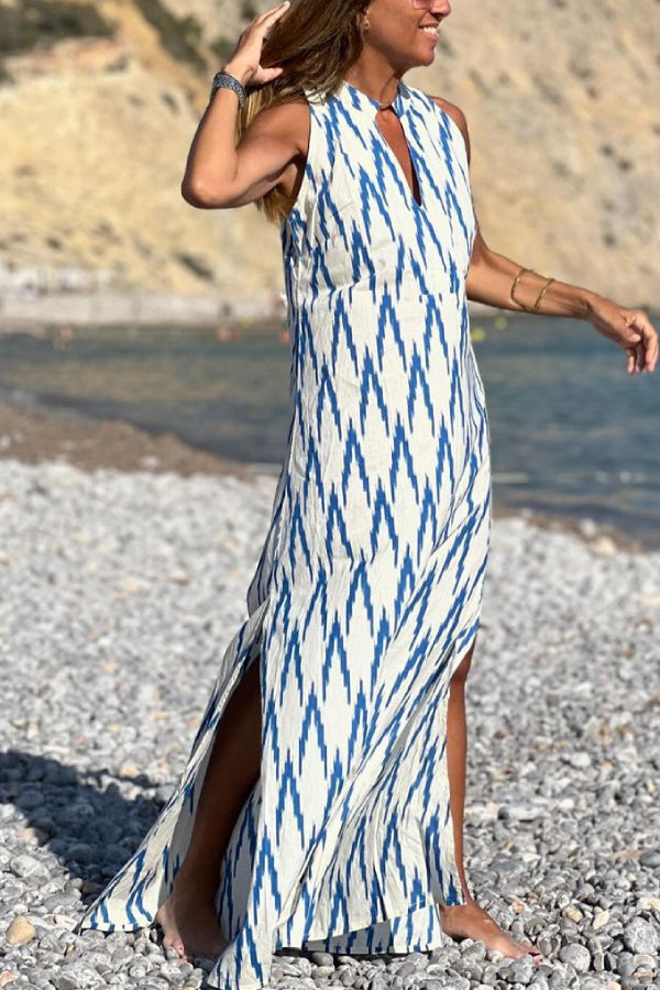 Blue Printed Sleeveless Long Dress