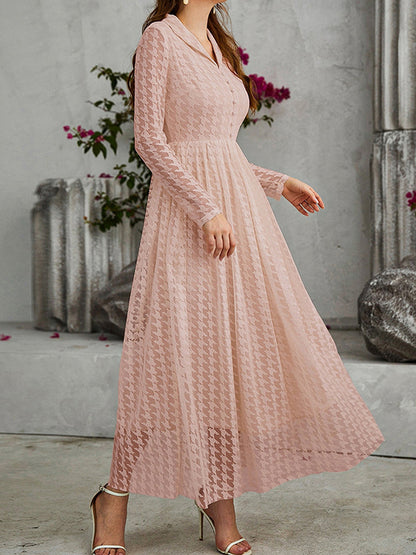 High Waisted Long Sleeves Buttoned Gauze See-through Color V-neck Maxi Dresses