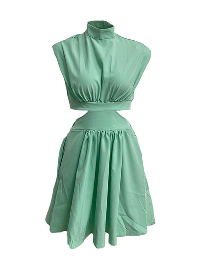 Skinny Belly-hollow Pleated Color Stand Collar Mini Dresses
