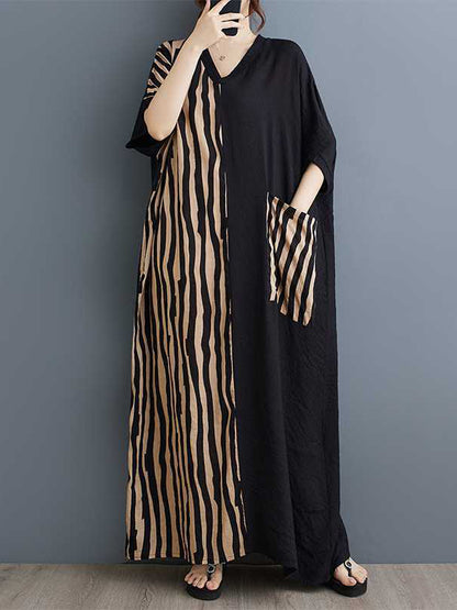 A-line Batwing Sleeves Contrast Color Pockets Split-joint Striped V-neck Maxi Dresses