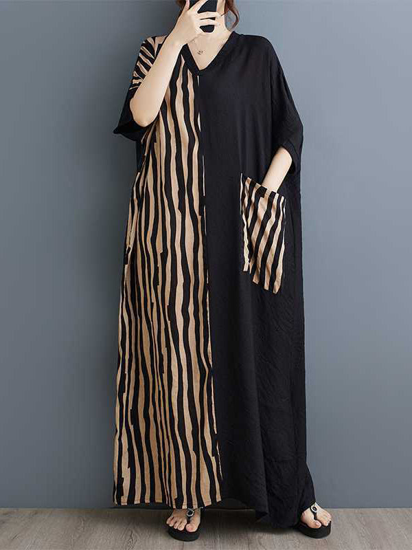A-line Batwing Sleeves Contrast Color Pockets Split-joint Striped V-neck Maxi Dresses