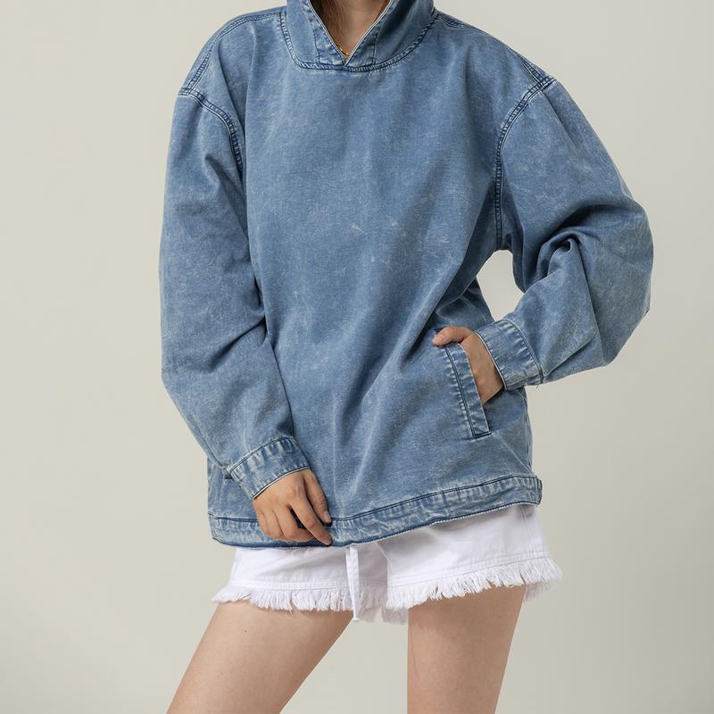 Denim Hooded Sweatshirt With