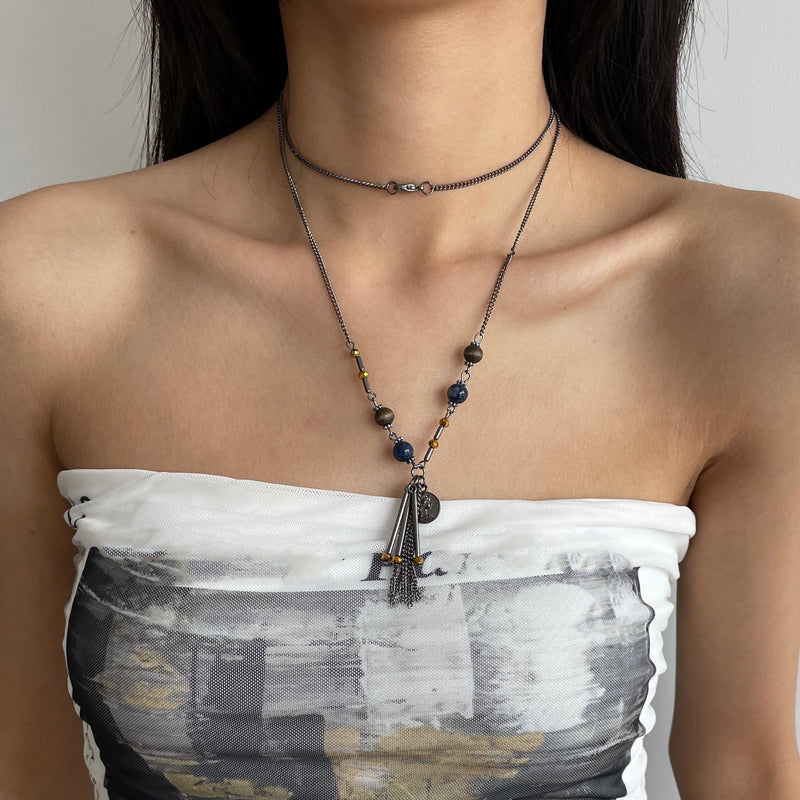 Bronze Metal Beading Tassel Pendant Necklace