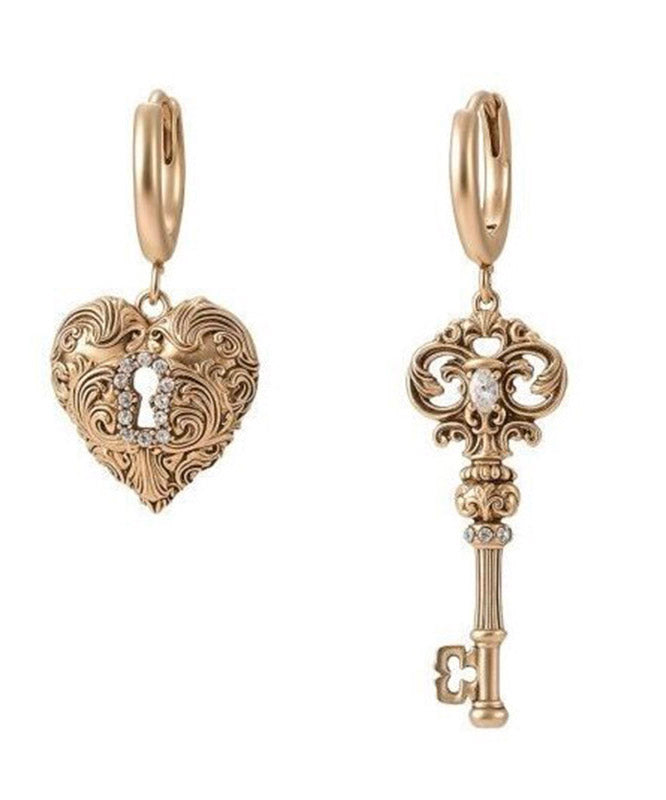 Boutique Gold Copper Alloy Zircon Asymmetrical Key Loverdrop Earrings