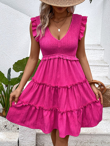 Loose Sleeveless Ruffle Trim Color Split-joint Deep V-neck Mini Dresses