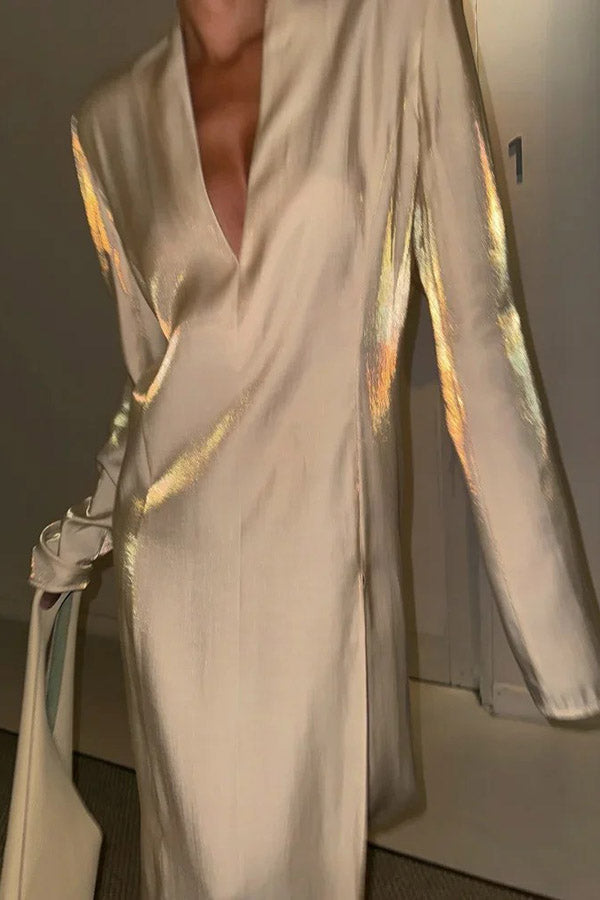 Color Glossy V-neck Long Sleeve Slit Maxi Dress