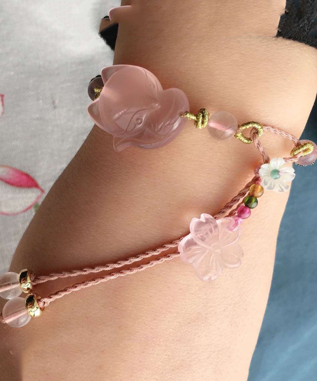 Pink Hand Knitting Crystal Furong Stone Fox Charm Bracelet
