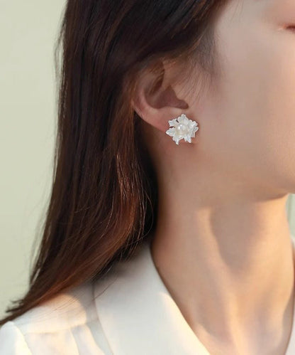 Classy White Sterling Silver Pearl Dripping Glaze Stud Earrings