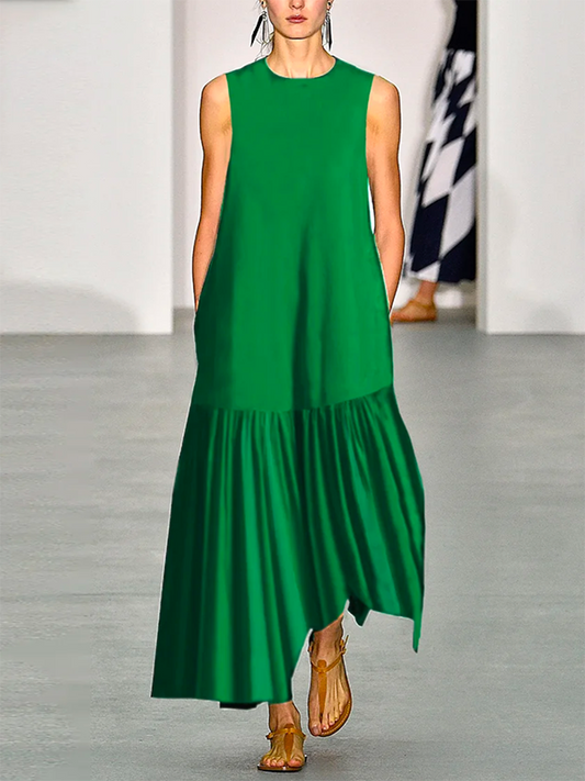 A-line Loose Color Split-joint Round-neck Maxi Dresses