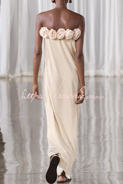 Blooming Flower Applique Elastic Off Shoulder Strapless Maxi Dress