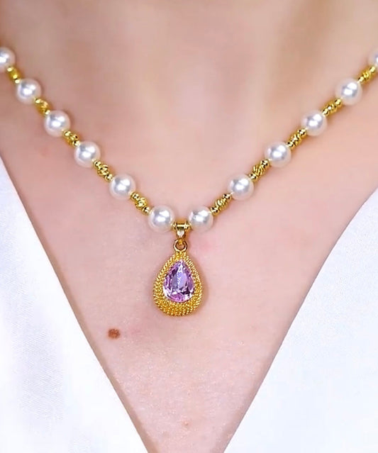 Purple Sterling Silver Overgild Pearl Water Drop Pendant Necklace