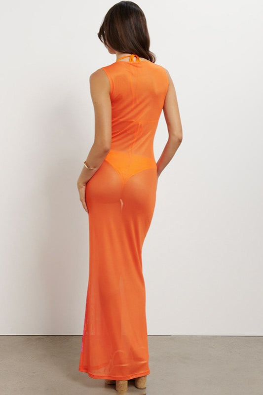 Print Sleeveless Mesh Bodycon Maxi Dress