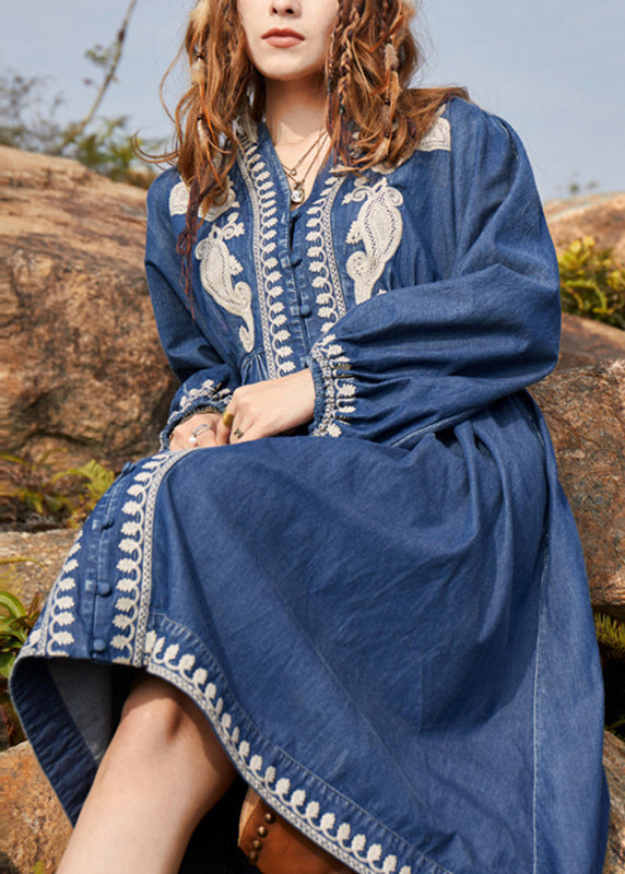 Navy V Neck Embroidered Patchwork Denim Maxi Dresses Spring Nn022