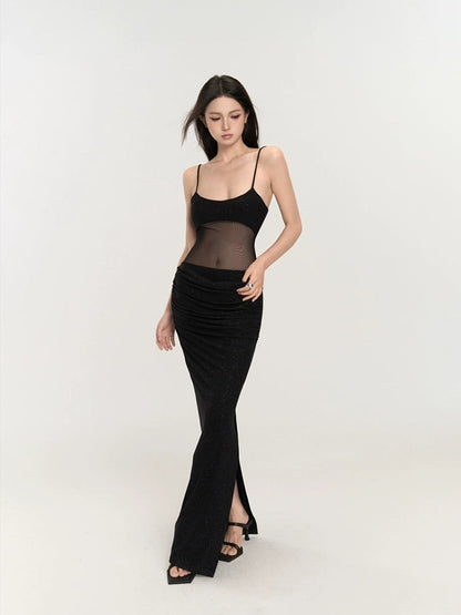 Black Mesh Glitter Maxi Dress