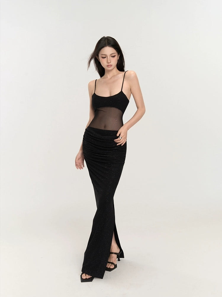 Black Mesh Glitter Maxi Dress