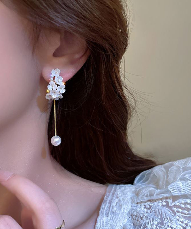 Fine White Copper Alloy Zircon Pearl Tassel Drop Earrings