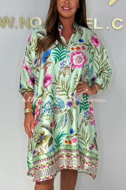 Print Long Sleeve Lapel Loose Mini Dress