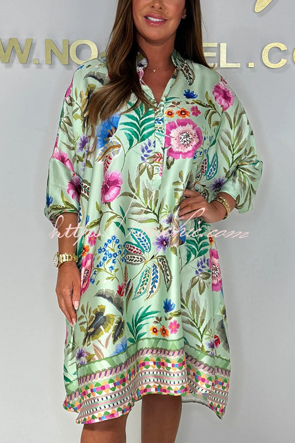Print Long Sleeve Lapel Loose Mini Dress