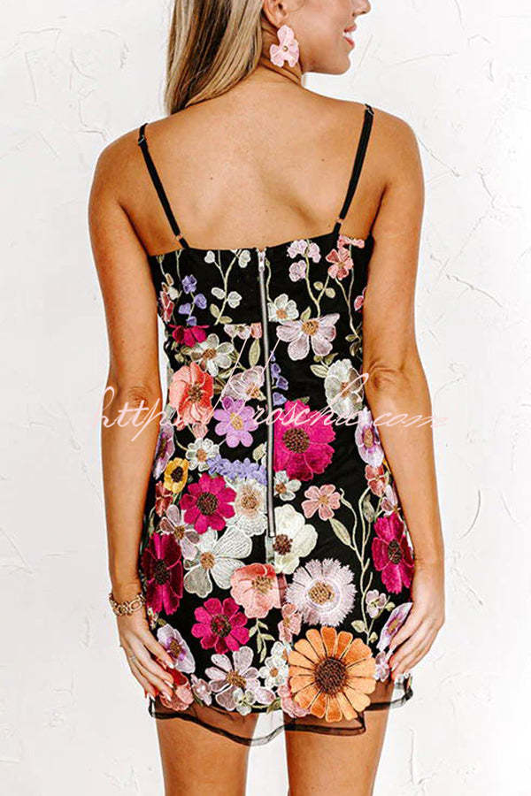 Dream World Embroidered Applique Adjustable Straps Mini Dress