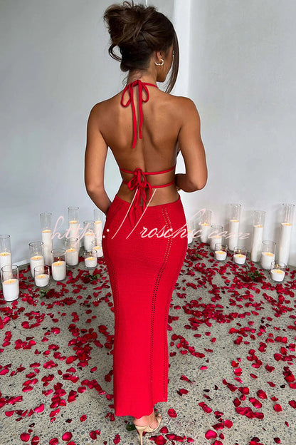 Effortlessly Cool and Knit Crochet Cutout Halter Tie-up Stretch Maxi Dress