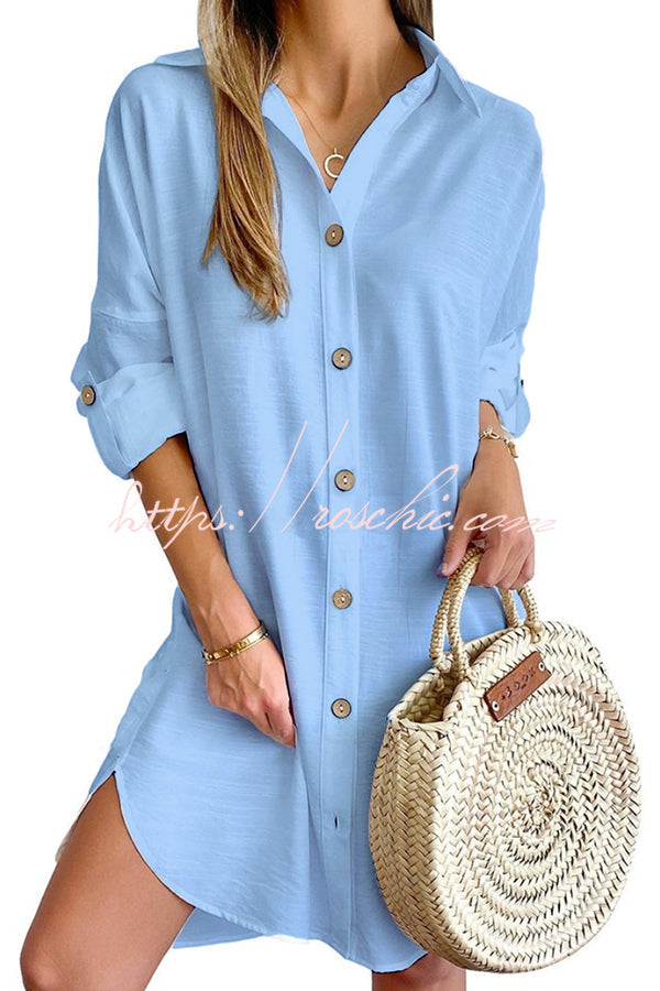 Color Button-down Shirt Style Mini Dress
