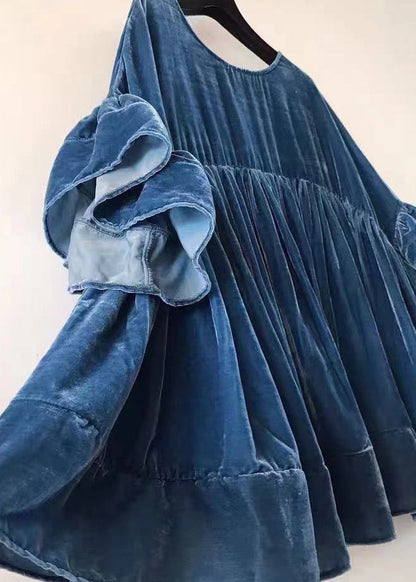 Blue Wrinkled Patchwork Velour Butterfly Sleeve Blouse