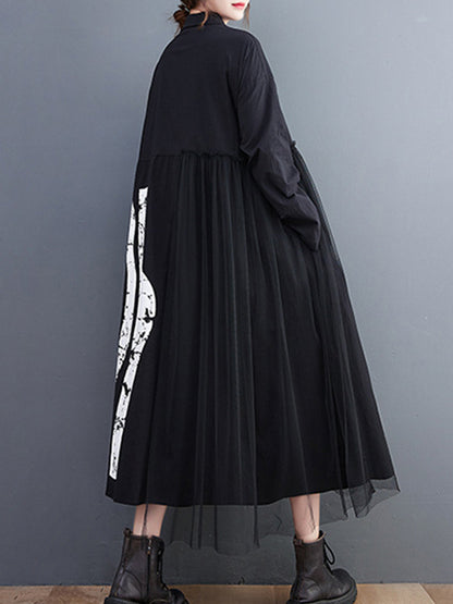 Long Sleeves Loose Contrast Color Split-joint Lapel Collar Midi Dresses