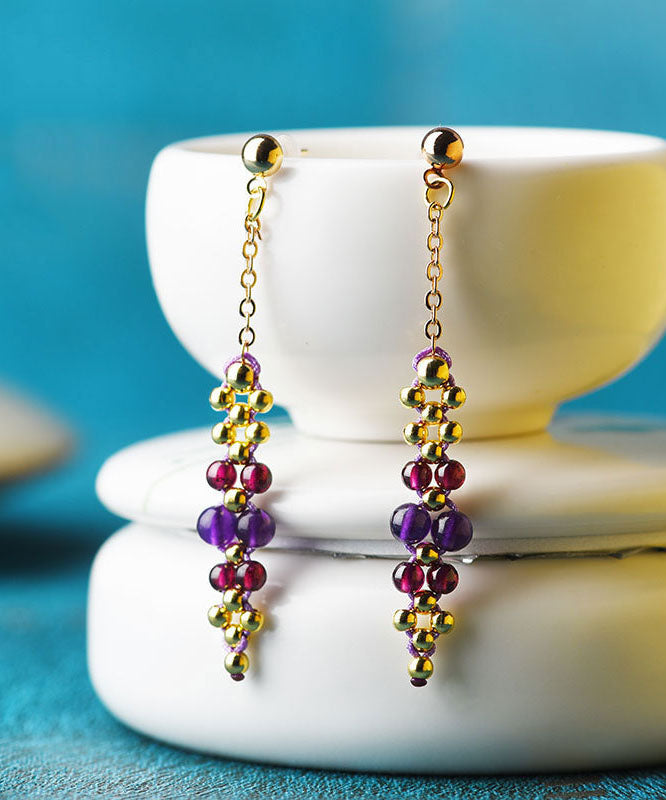 Handmade Purple Grape Crystal 14k Gold Drop Earrings